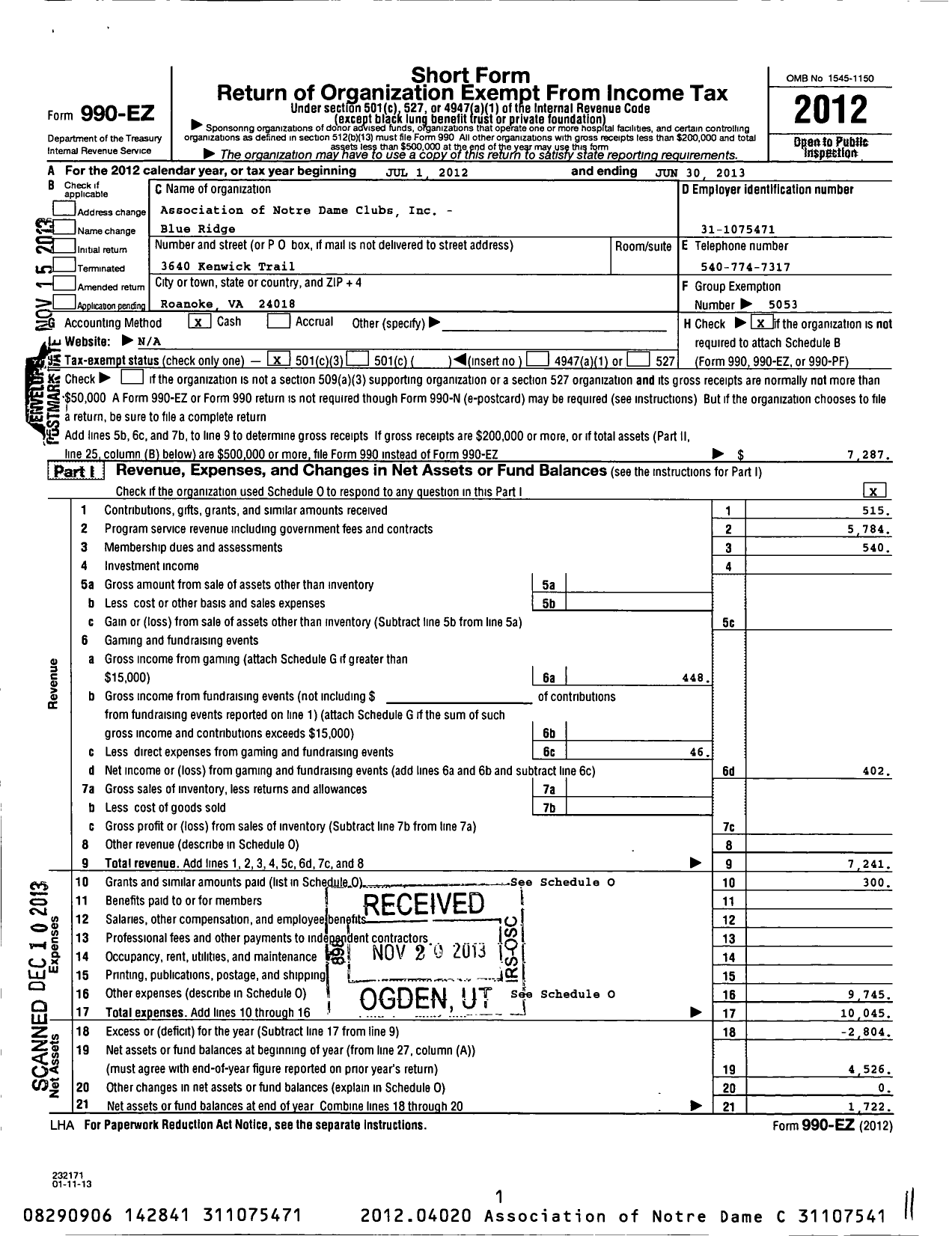 Image of first page of 2012 Form 990EZ for Association of Notre Dame Clubs Inc - Blue Ridge