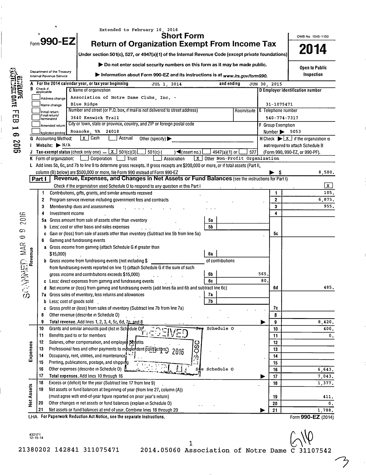 Image of first page of 2014 Form 990EZ for Association of Notre Dame Clubs Inc - Blue Ridge