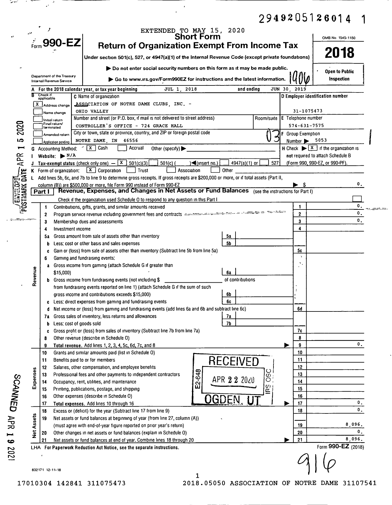 Image of first page of 2018 Form 990EZ for Association of Notre Dame Clubs - Ohio Valley