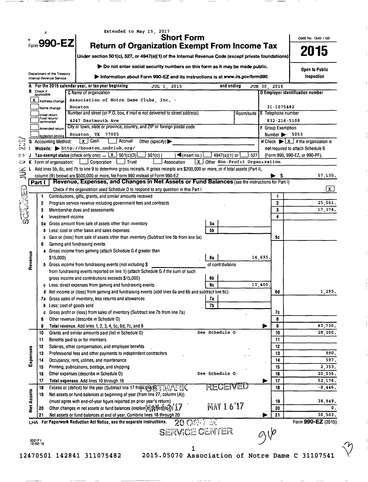 Image of first page of 2015 Form 990EZ for Association of Notre Dame Clubs - Houston