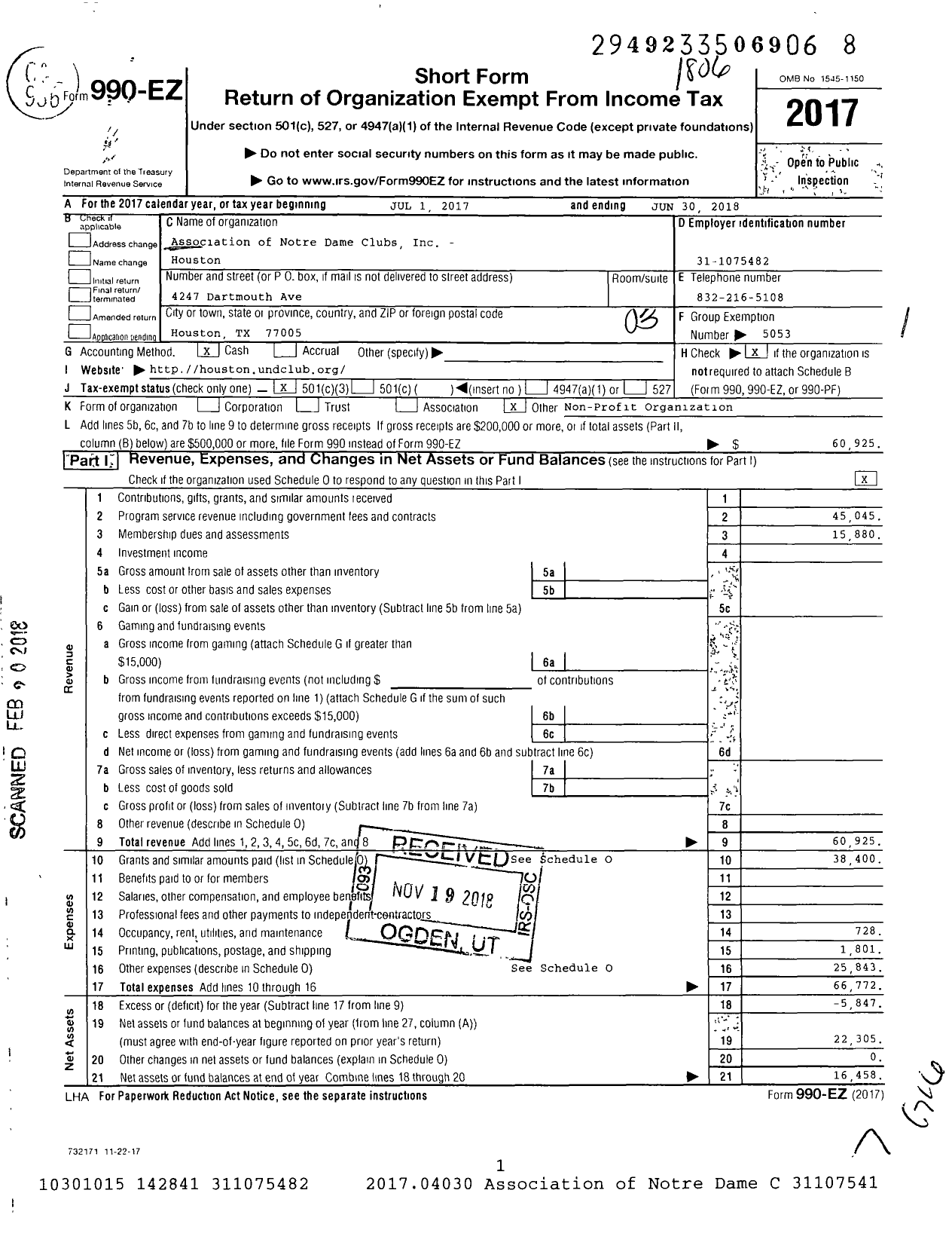 Image of first page of 2017 Form 990EZ for Association of Notre Dame Clubs - Houston