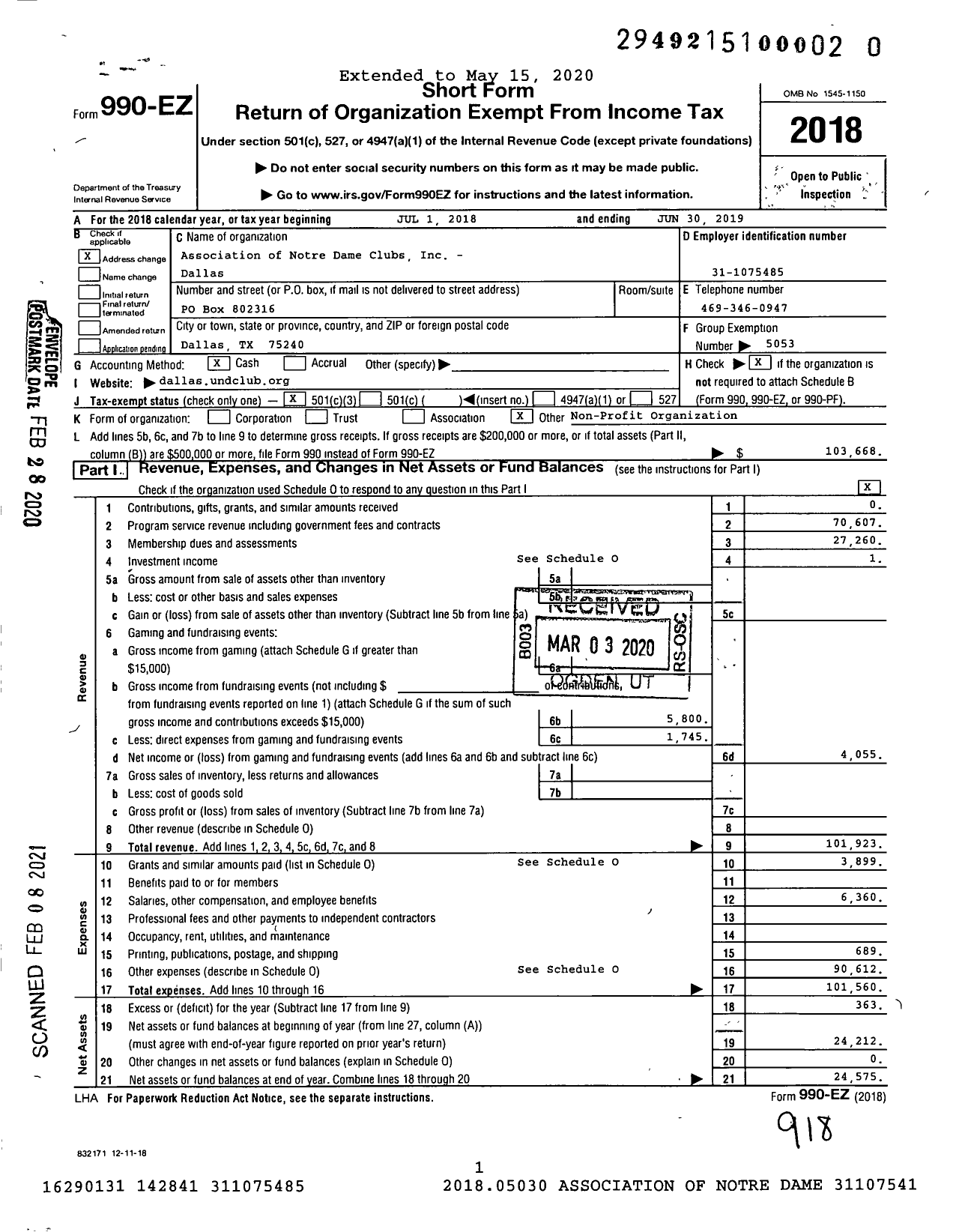 Image of first page of 2018 Form 990EZ for Association of Notre Dame Clubs - Dallas