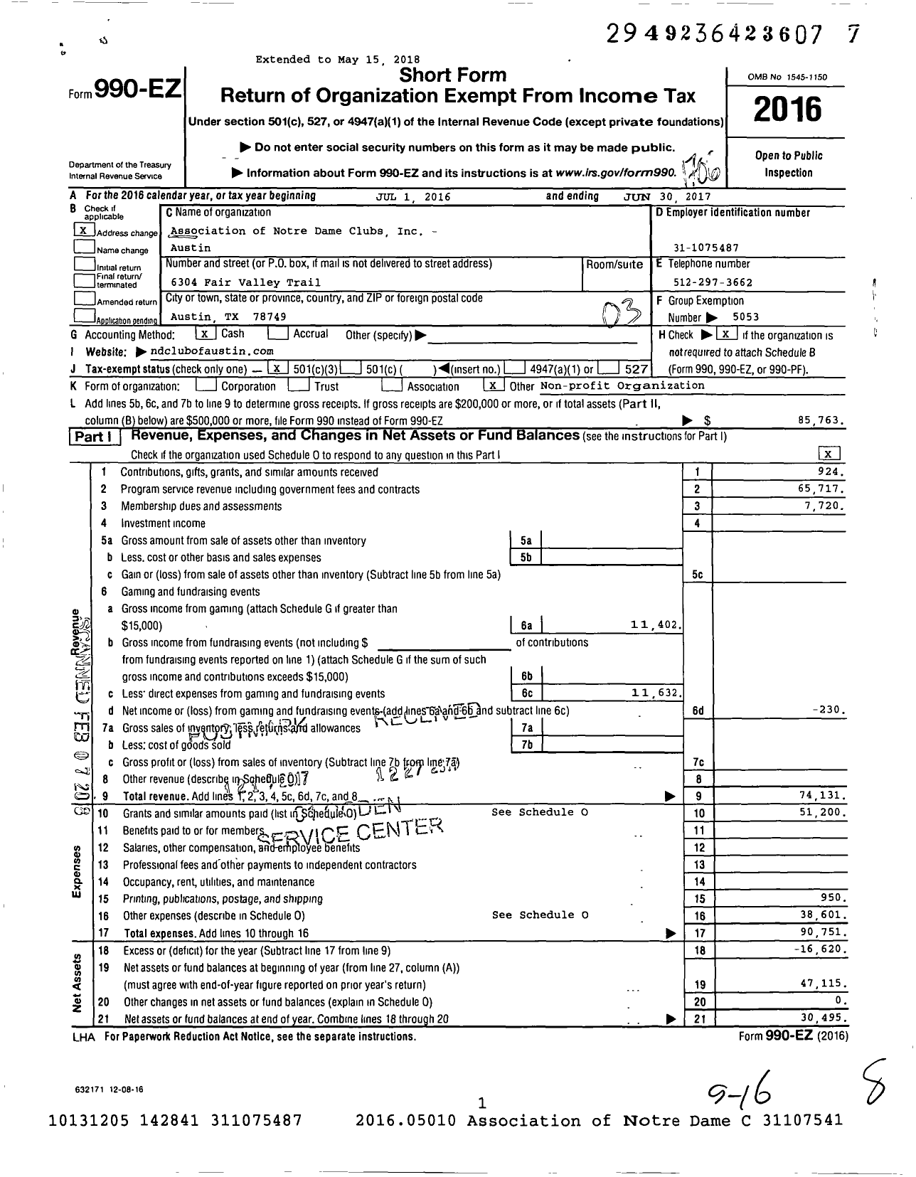 Image of first page of 2016 Form 990EZ for Association of Notre Dame Clubs / Austin