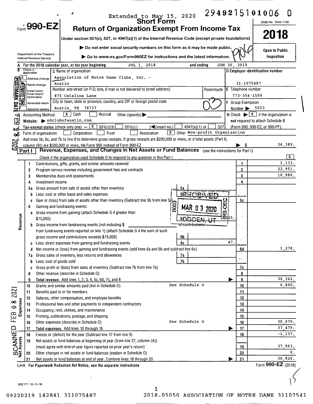 Image of first page of 2018 Form 990EZ for Association of Notre Dame Clubs / Austin