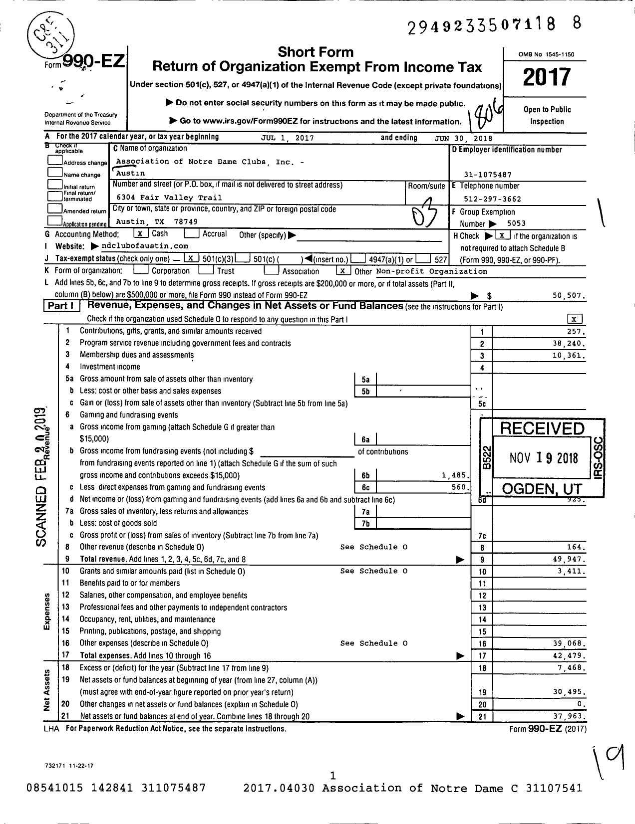 Image of first page of 2017 Form 990EZ for Association of Notre Dame Clubs / Austin