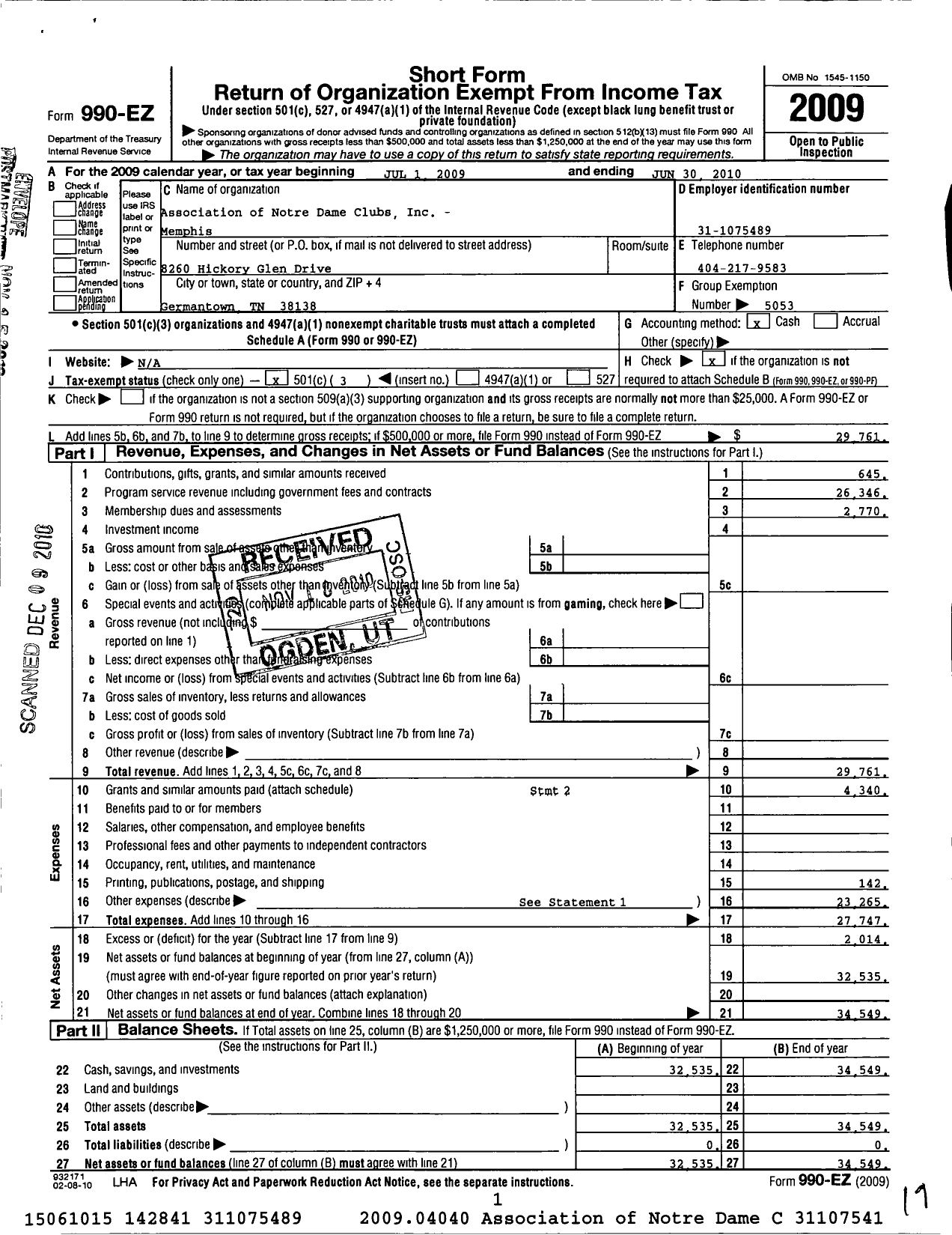 Image of first page of 2009 Form 990EZ for Association of Notre Dame Clubs Inc - Memphis