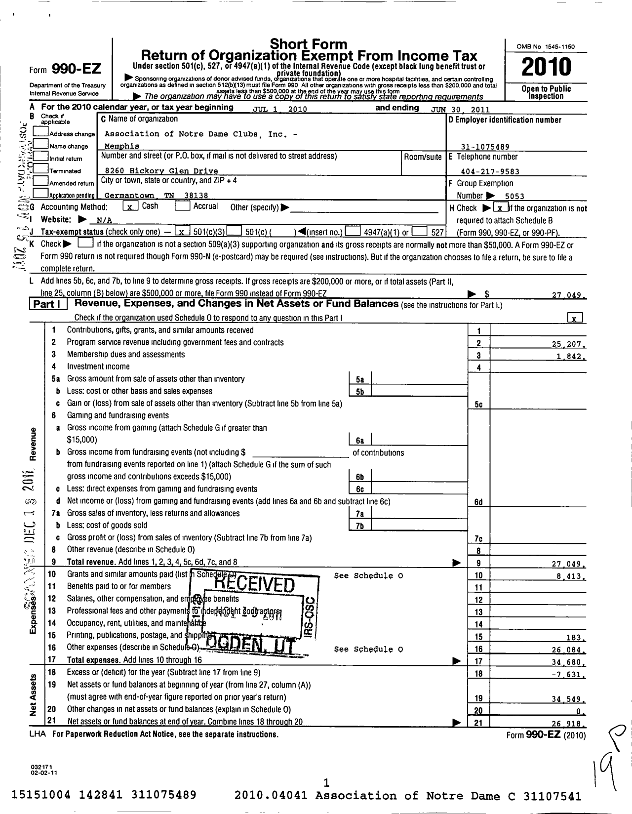 Image of first page of 2010 Form 990EZ for Association of Notre Dame Clubs Inc - Memphis