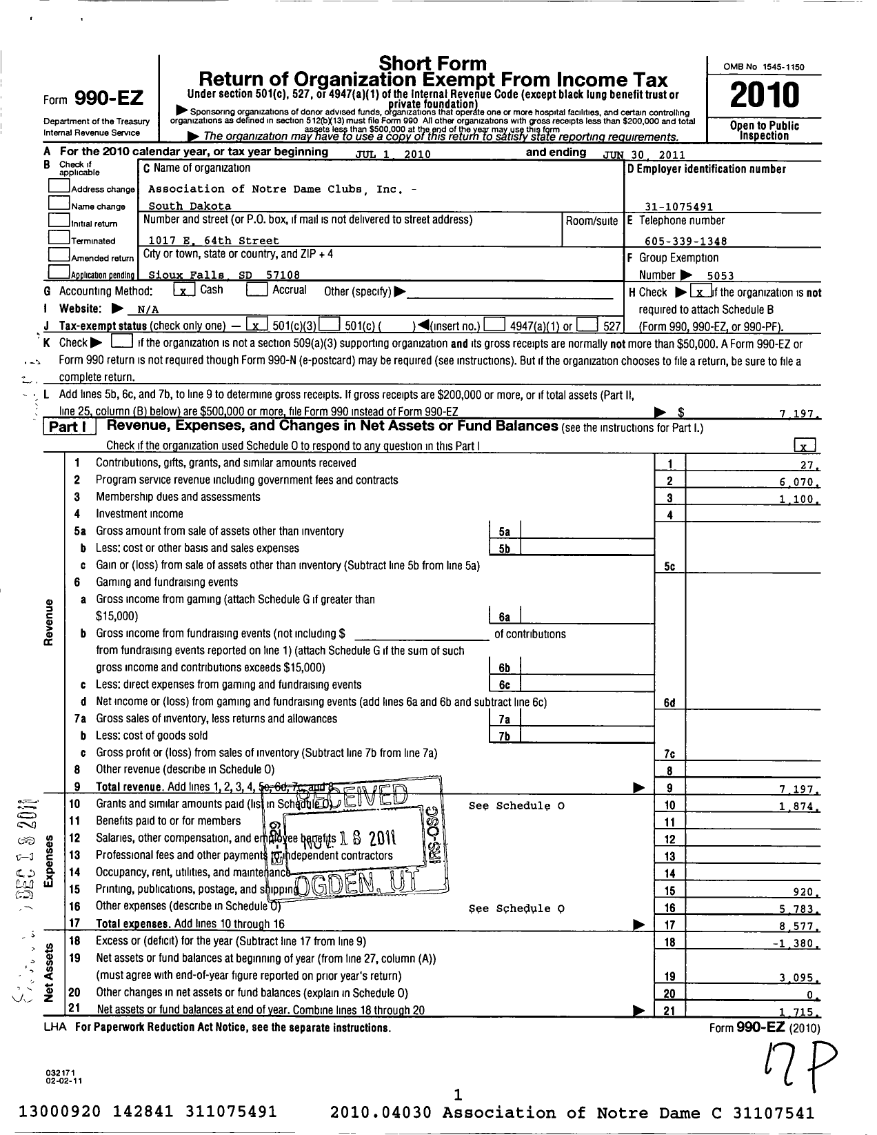 Image of first page of 2010 Form 990EZ for Association of Notre Dame Clubs Inc - South Dakota