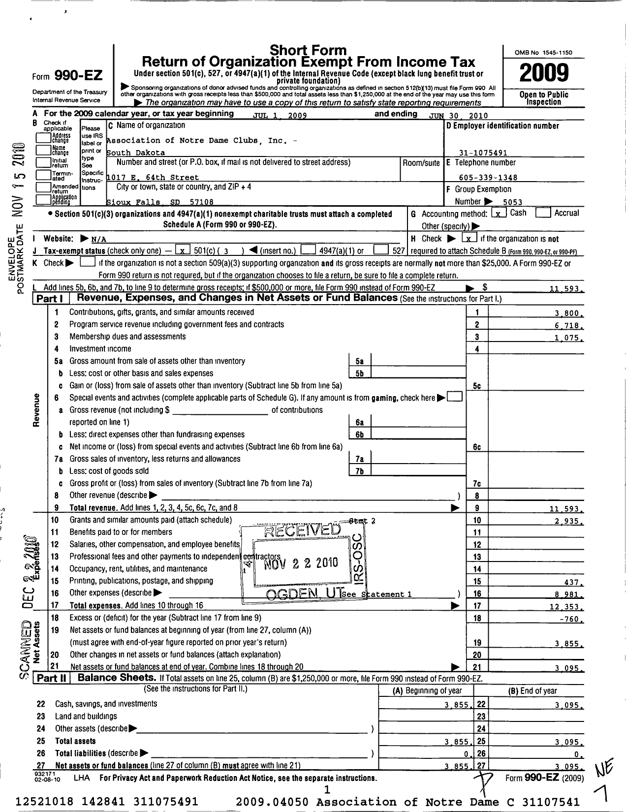 Image of first page of 2009 Form 990EZ for Association of Notre Dame Clubs Inc - South Dakota