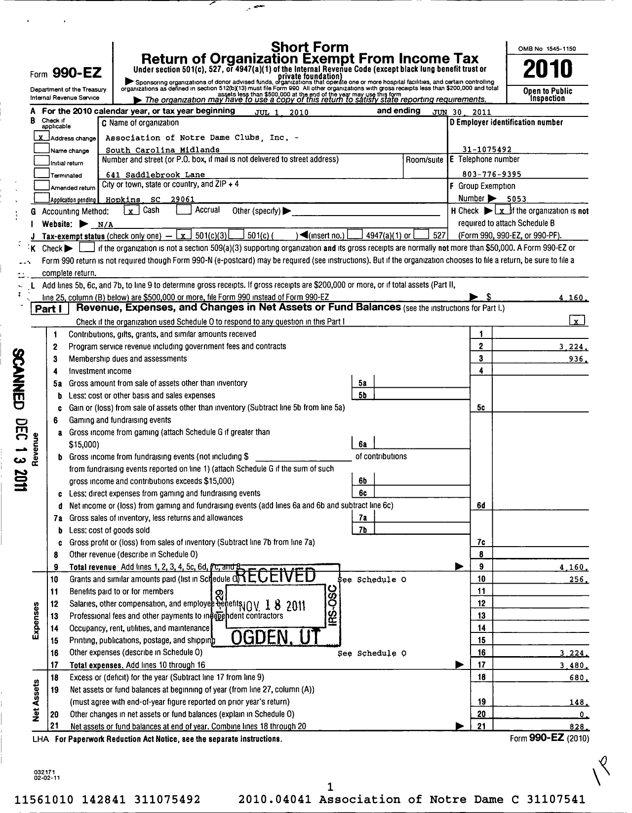 Image of first page of 2010 Form 990EZ for Association of Notre Dame Clubs Inc - South Carolina Midlands