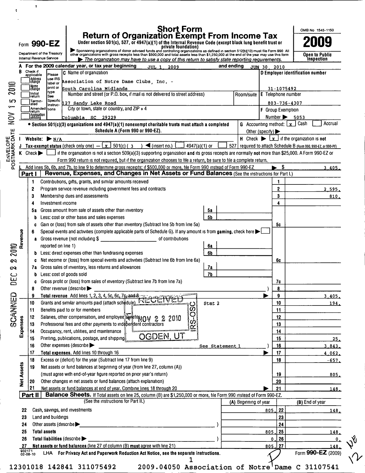 Image of first page of 2009 Form 990EZ for Association of Notre Dame Clubs Inc - South Carolina Midlands