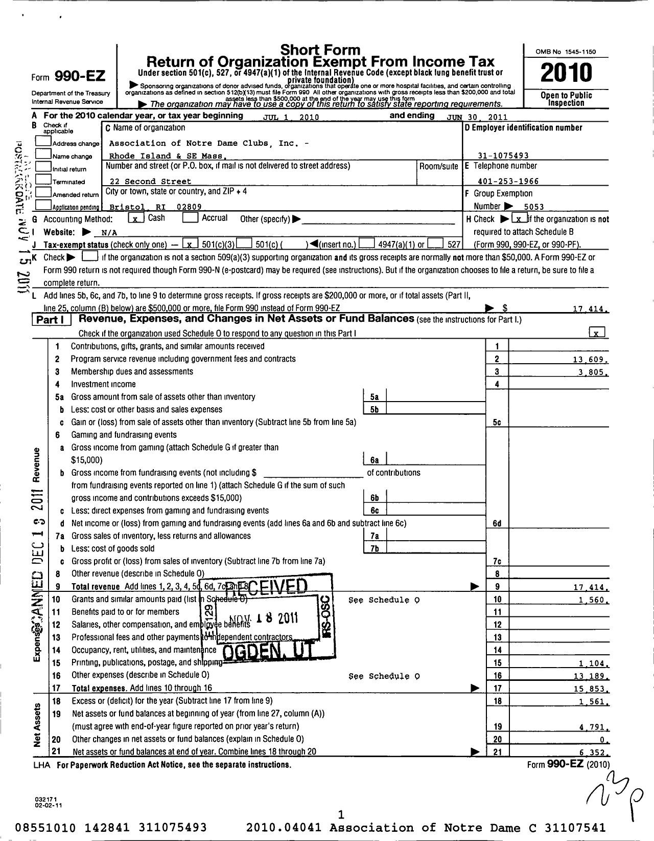 Image of first page of 2010 Form 990EZ for Association of Notre Dame Clubs Inc - Rhode Island & SE Massachusetts