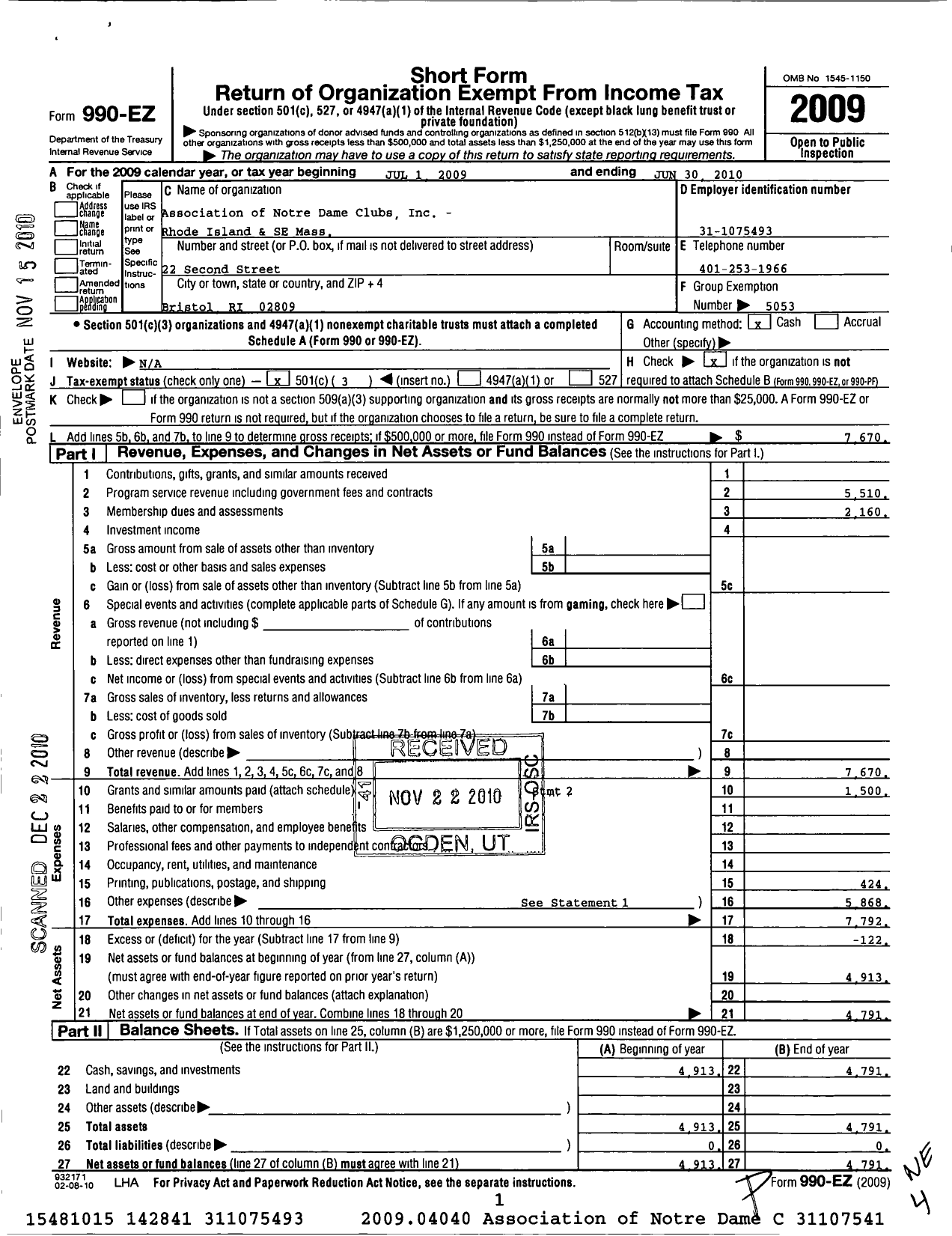 Image of first page of 2009 Form 990EZ for Association of Notre Dame Clubs Inc - Rhode Island & SE Massachusetts