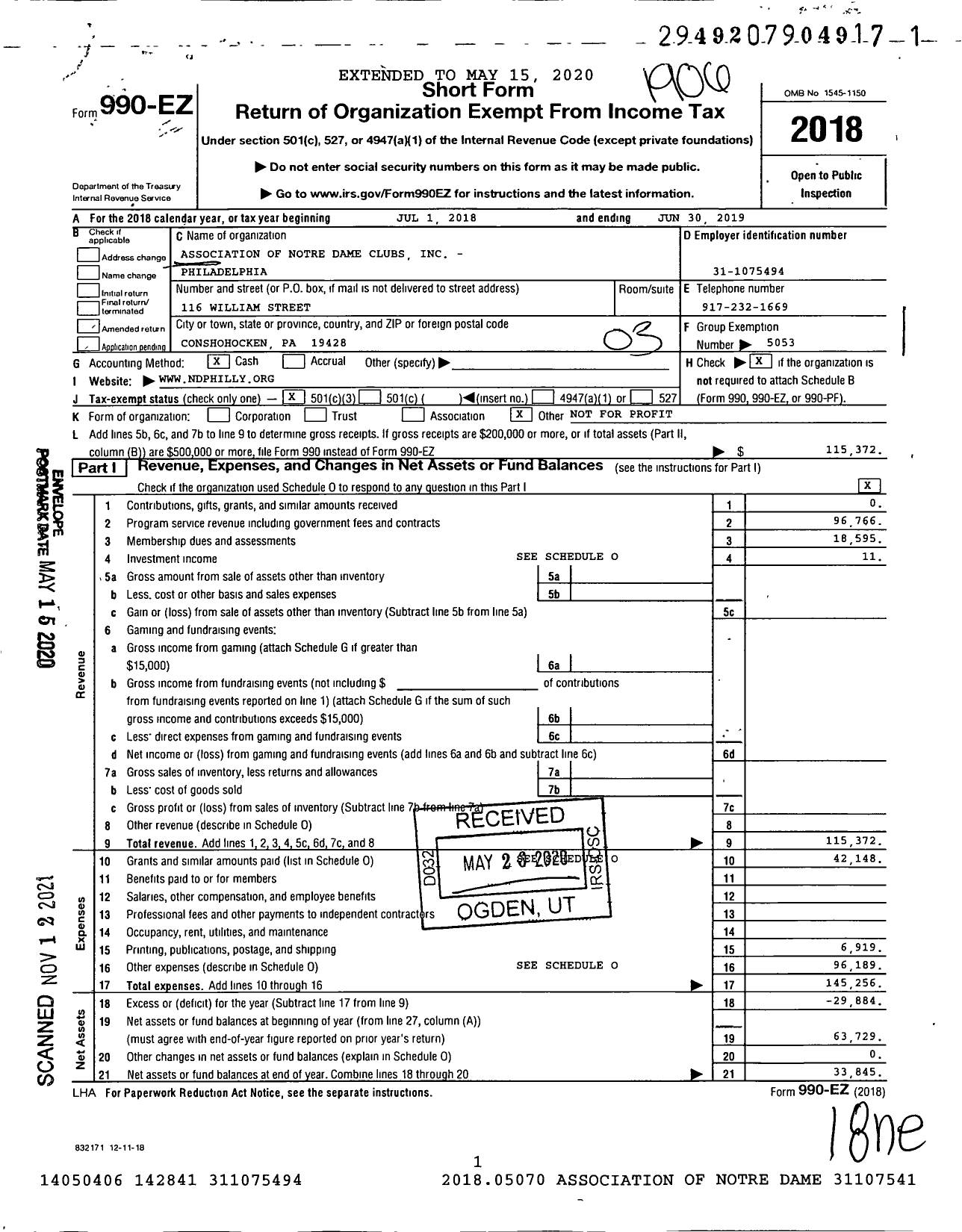 Image of first page of 2018 Form 990EZ for Association of Notre Dame Clubs - Philadelphia