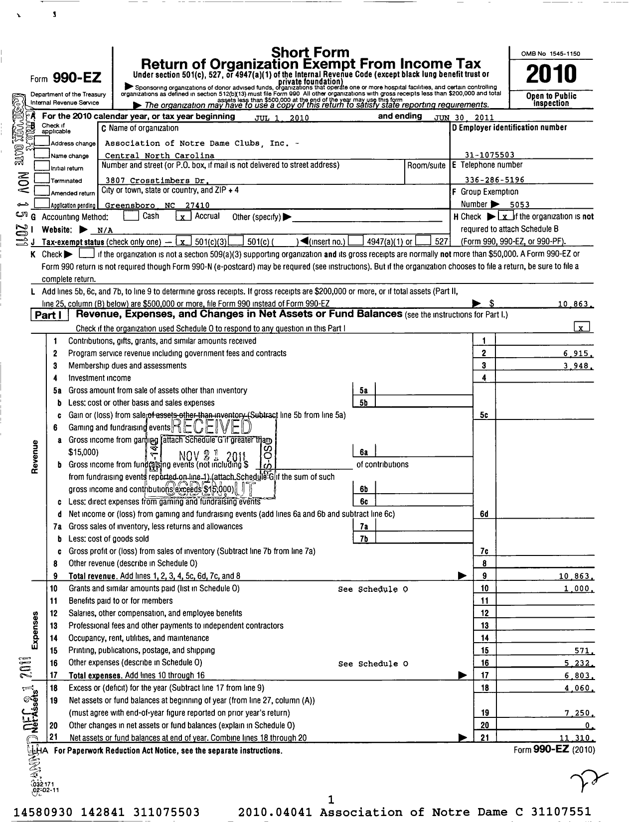 Image of first page of 2010 Form 990EZ for Association of Notre Dame Clubs Inc - Central North Carolina