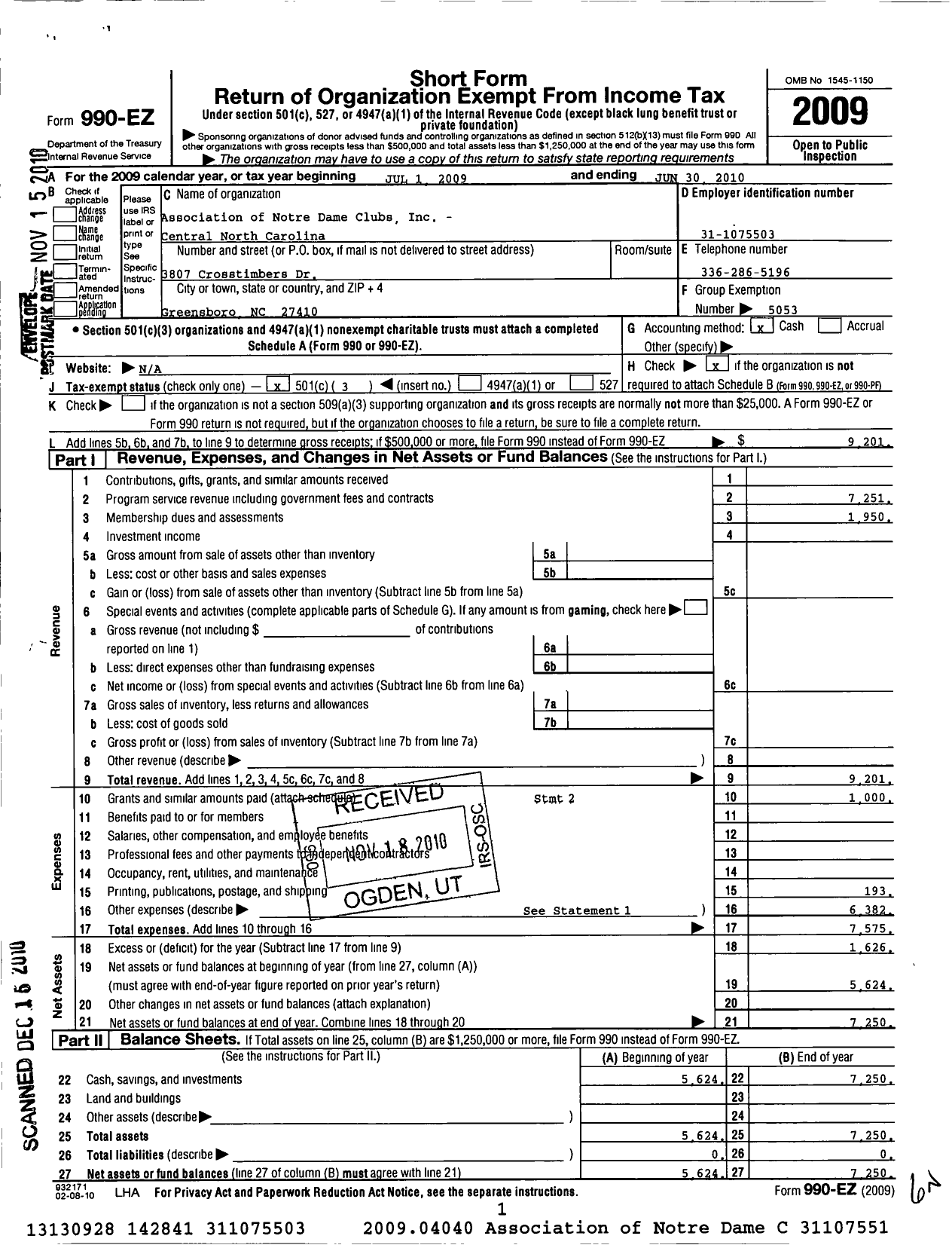 Image of first page of 2009 Form 990EZ for Association of Notre Dame Clubs Inc - Central North Carolina