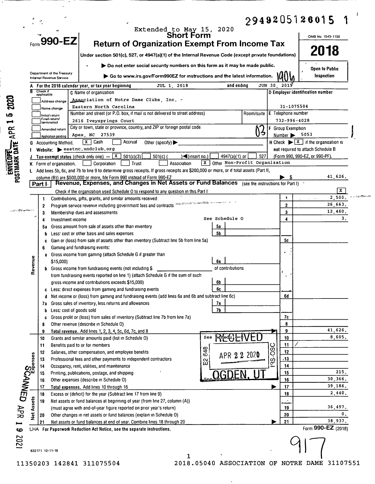 Image of first page of 2018 Form 990EZ for Association of Notre Dame Clubs - Eastern North Carolina