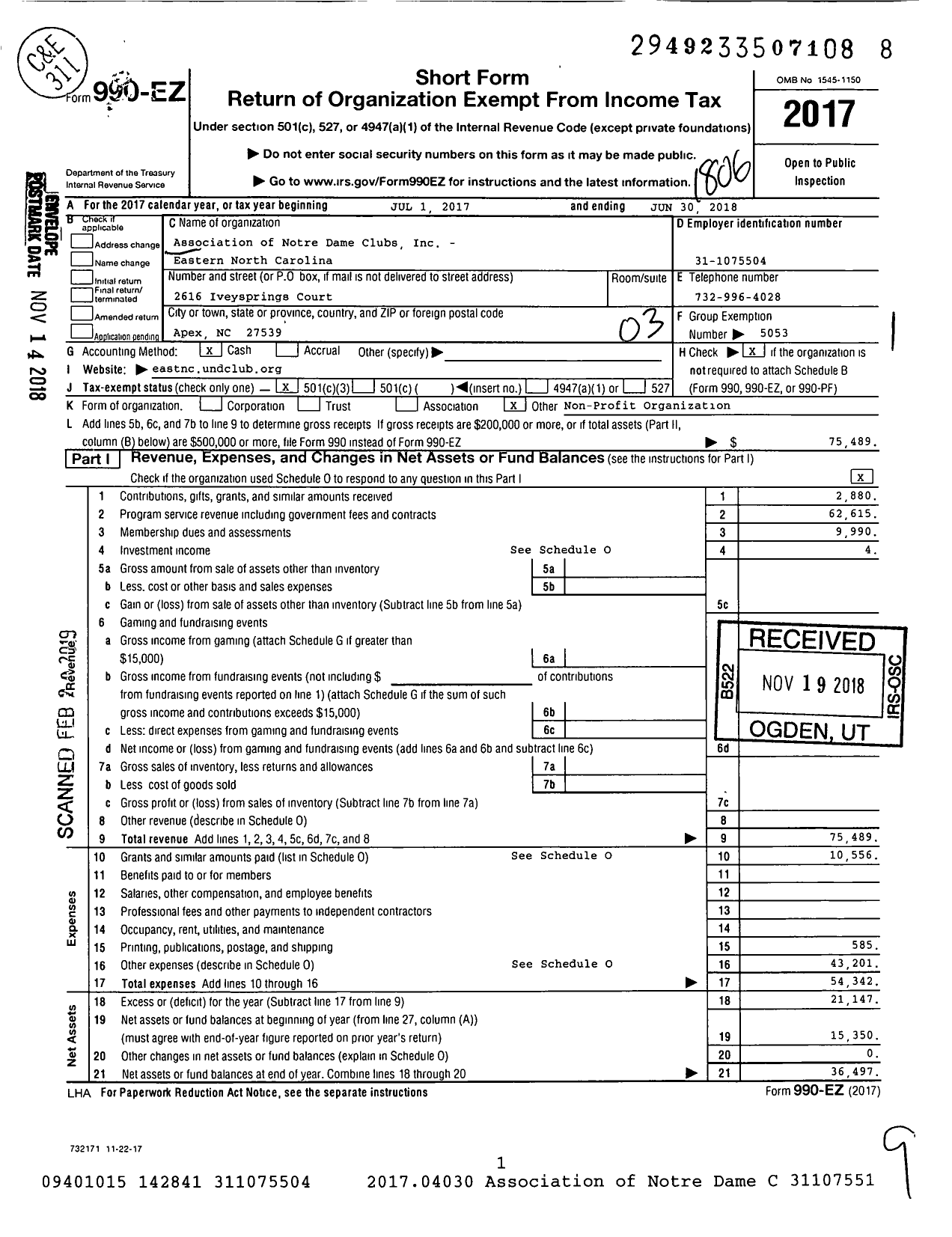 Image of first page of 2017 Form 990EZ for Association of Notre Dame Clubs - Eastern North Carolina