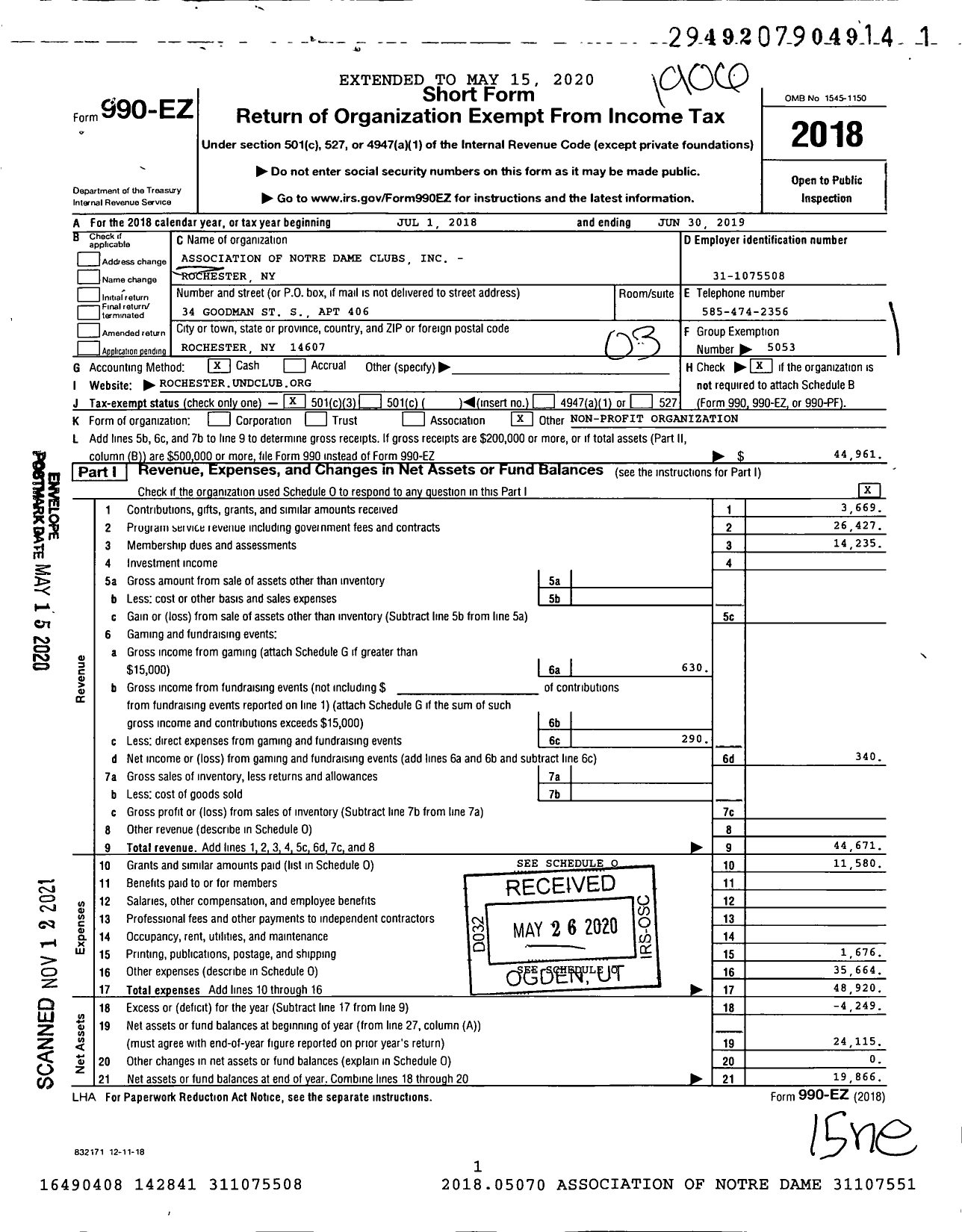 Image of first page of 2018 Form 990EZ for Association of Notre Dame Clubs - Rochester Ny