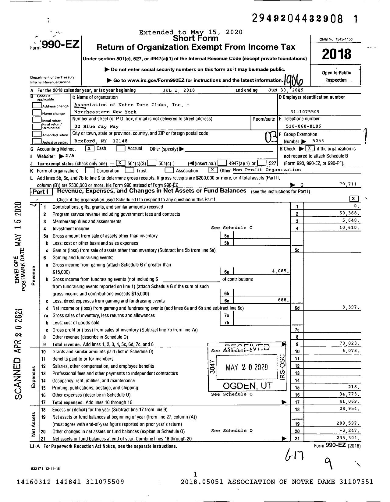 Image of first page of 2018 Form 990EZ for Association of Notre Dame Clubs Inc - Northeastern New York