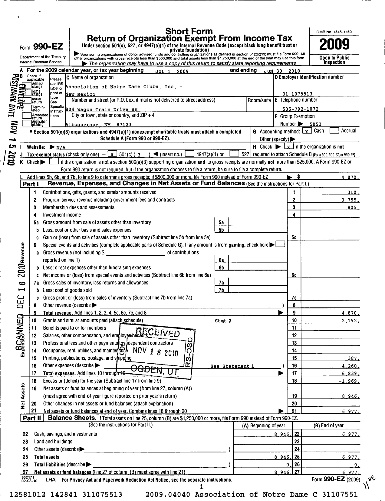 Image of first page of 2009 Form 990EZ for Association of Notre Dame Clubs Inc - New Mexico