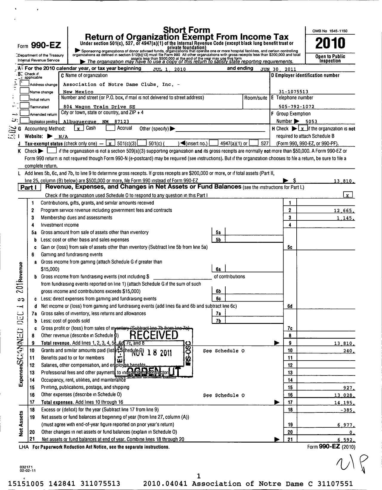 Image of first page of 2010 Form 990EZ for Association of Notre Dame Clubs Inc - New Mexico