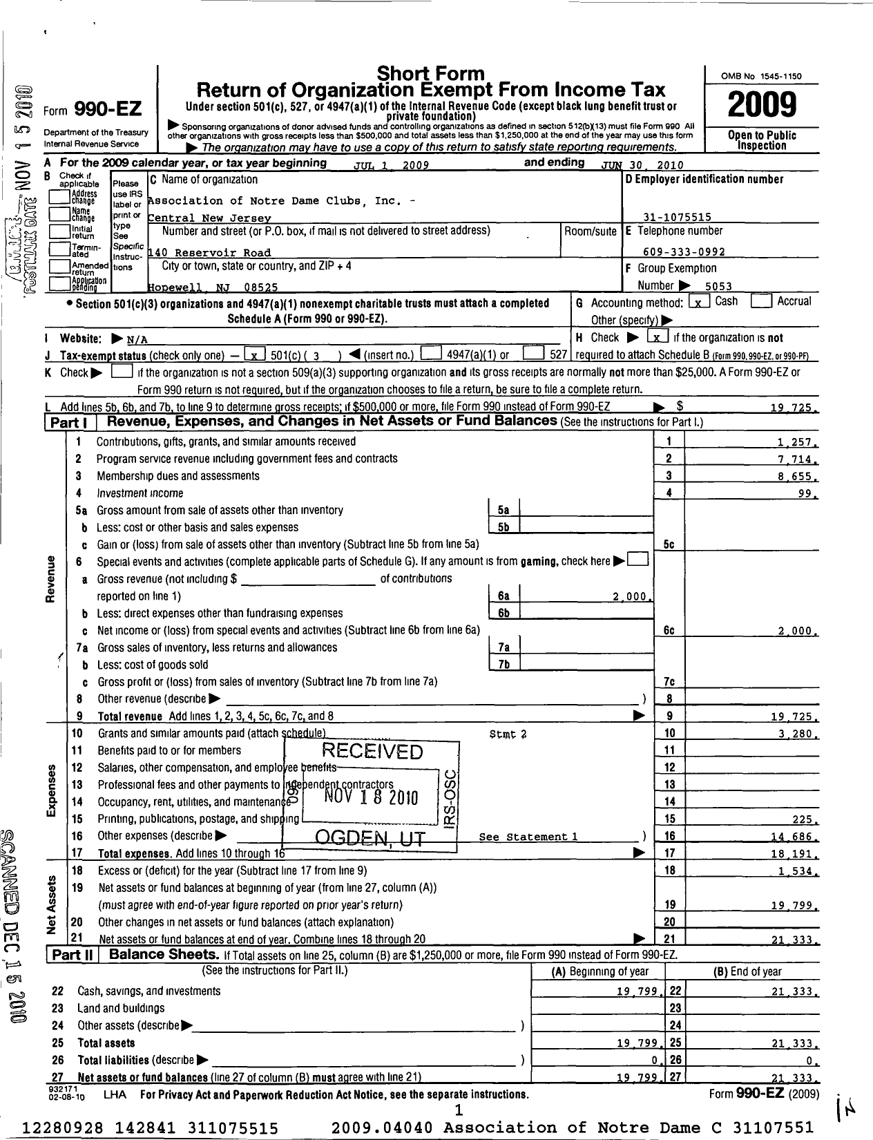 Image of first page of 2009 Form 990EZ for Association of Notre Dame Clubs Inc - Central New Jersey