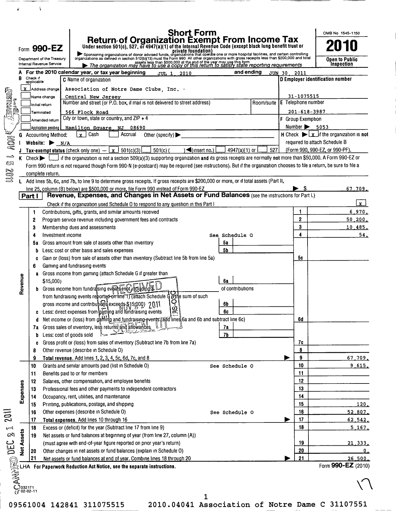 Image of first page of 2010 Form 990EZ for Association of Notre Dame Clubs Inc - Central New Jersey