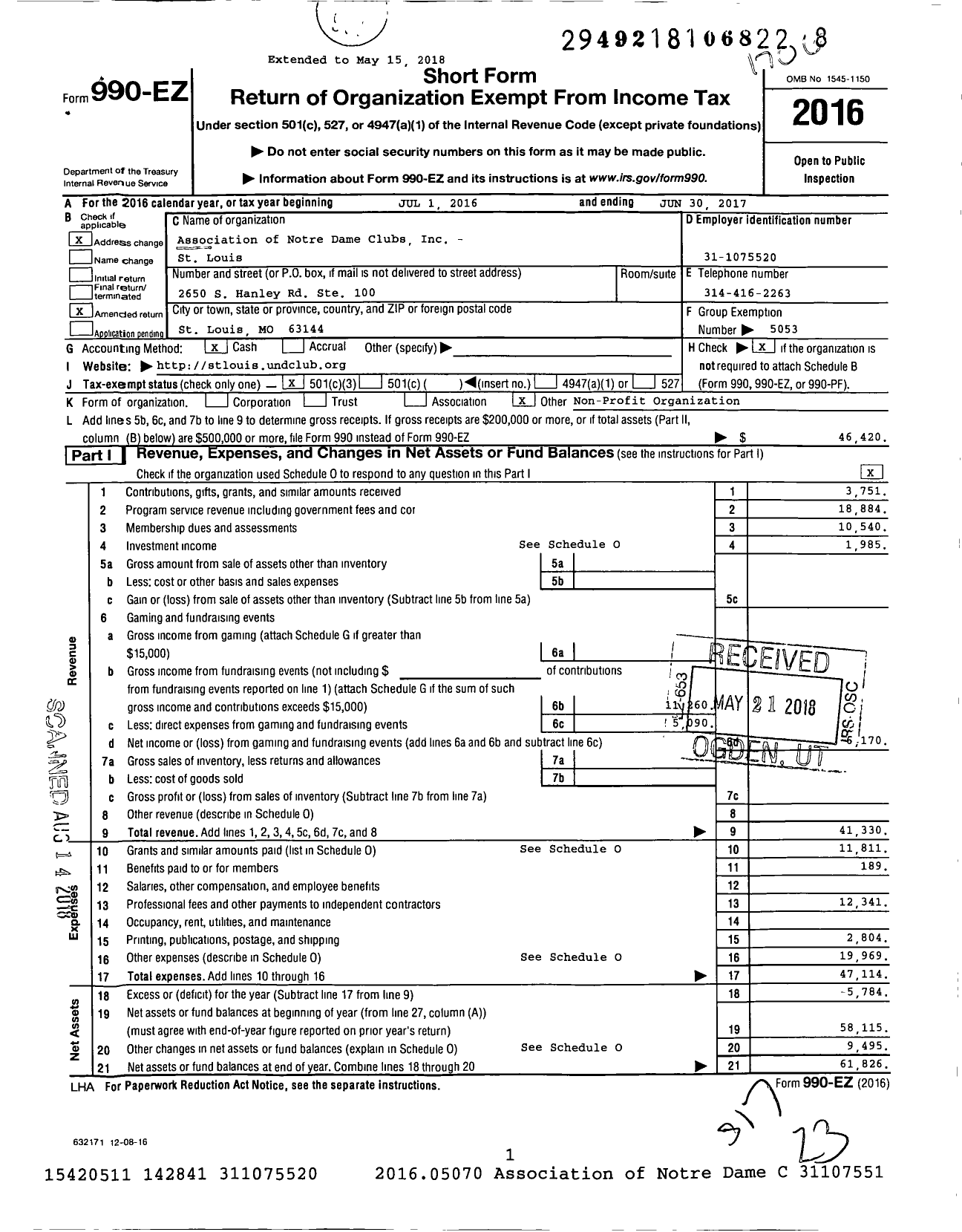 Image of first page of 2016 Form 990EZ for Association of Notre Dame Clubs - St Louis