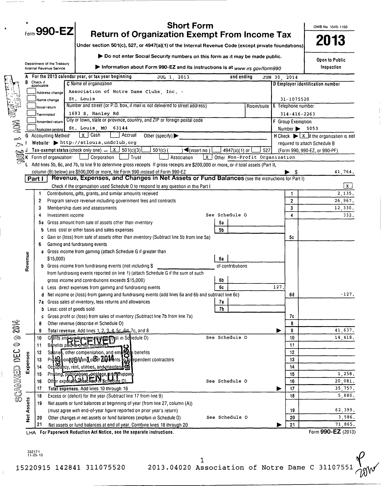 Image of first page of 2013 Form 990EZ for Association of Notre Dame Clubs - St Louis