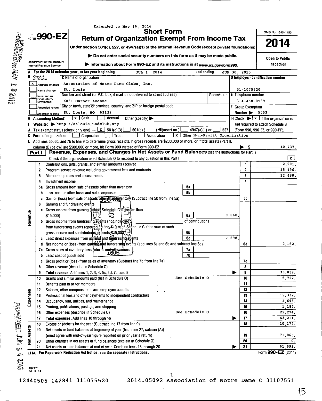 Image of first page of 2014 Form 990EZ for Association of Notre Dame Clubs - St Louis