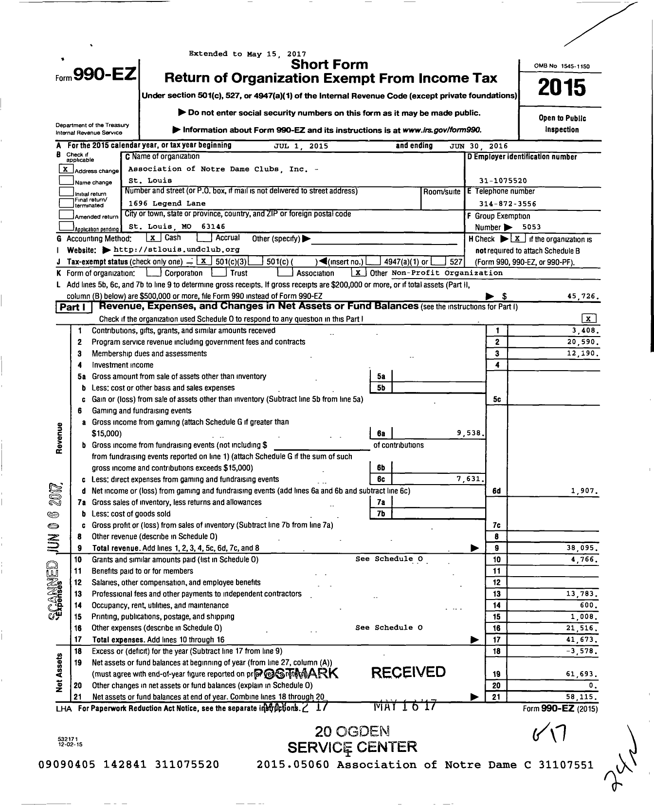 Image of first page of 2015 Form 990EZ for Association of Notre Dame Clubs - St Louis