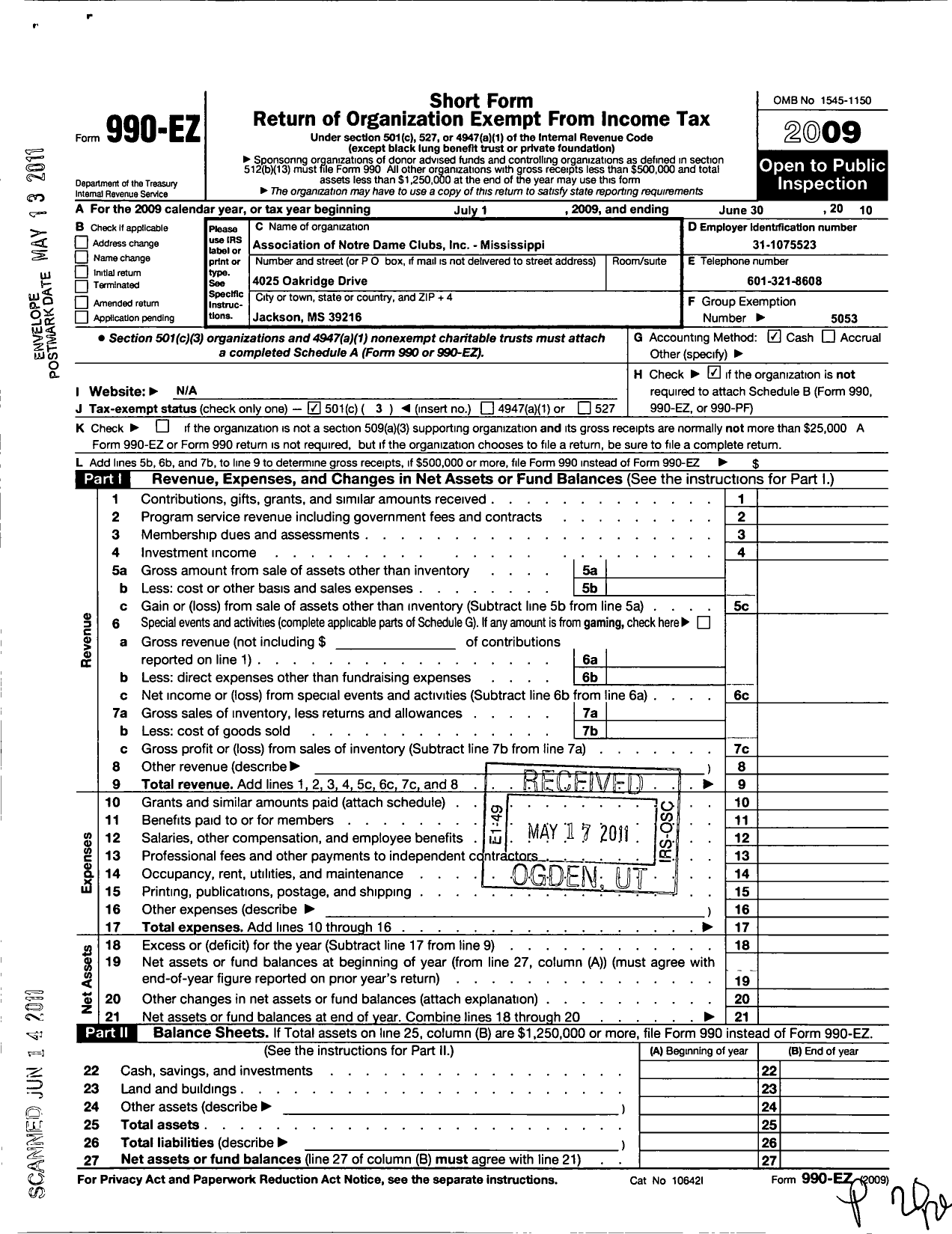 Image of first page of 2009 Form 990EZ for Association of Notre Dame Clubs Inc - Central Mississippi