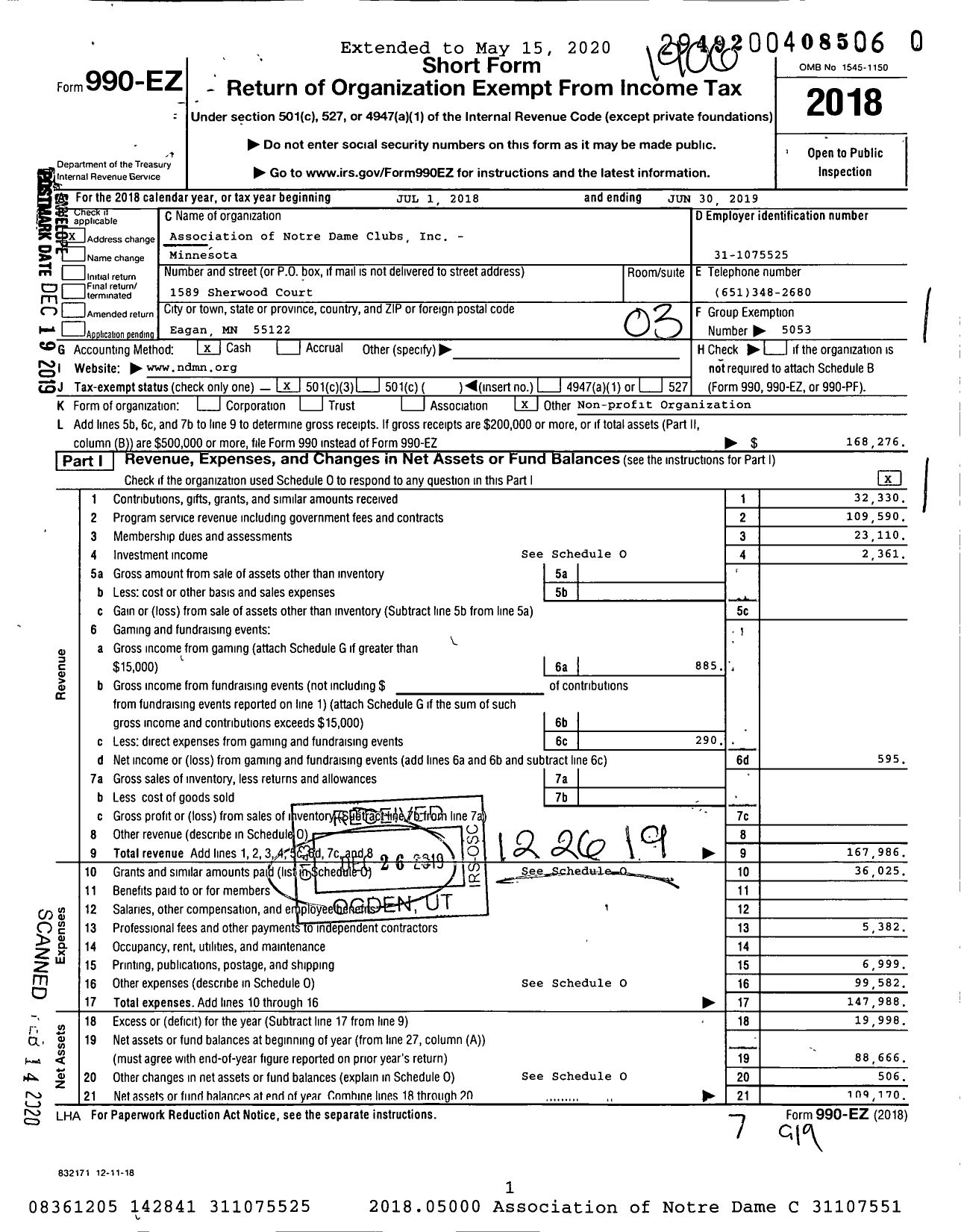 Image of first page of 2018 Form 990EZ for Association of Notre Dame Clubs - Minnesota