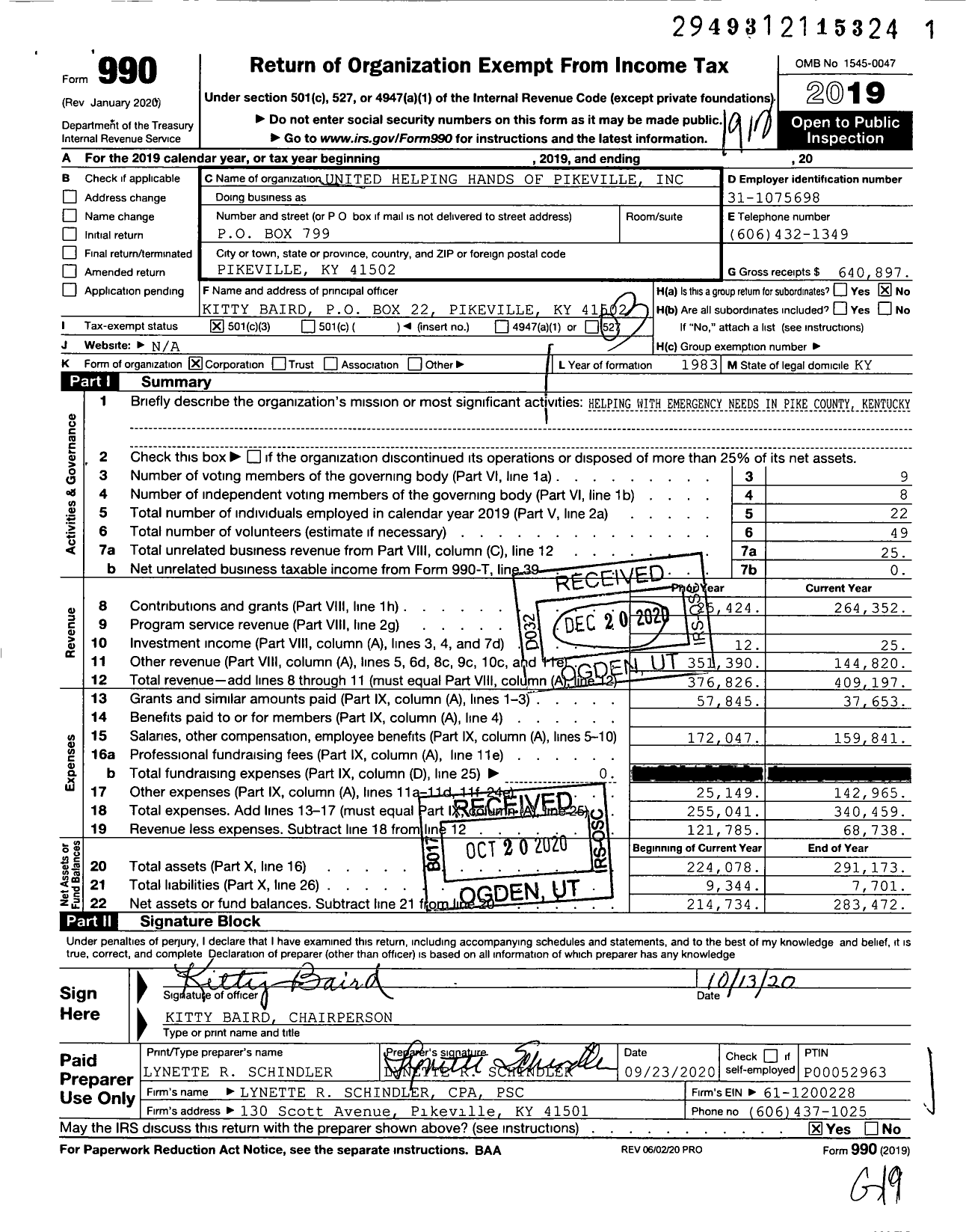 Image of first page of 2019 Form 990 for United Helping Hands of Pikeville