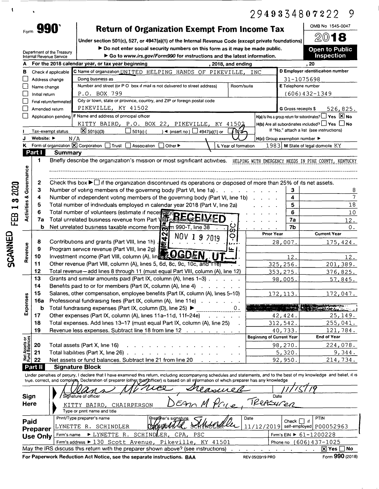 Image of first page of 2018 Form 990 for United Helping Hands of Pikeville