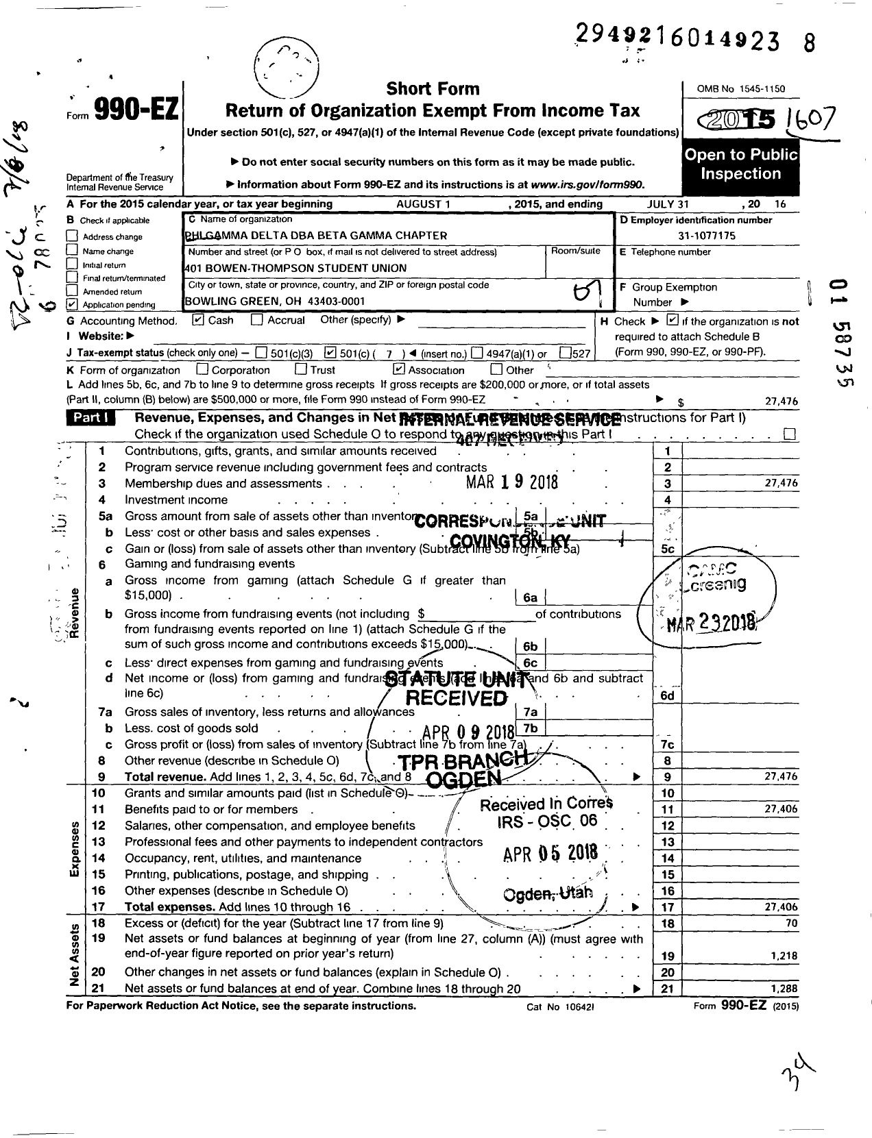 Image of first page of 2015 Form 990EO for Beta Gamma Chapter of Phi Gamma Delta