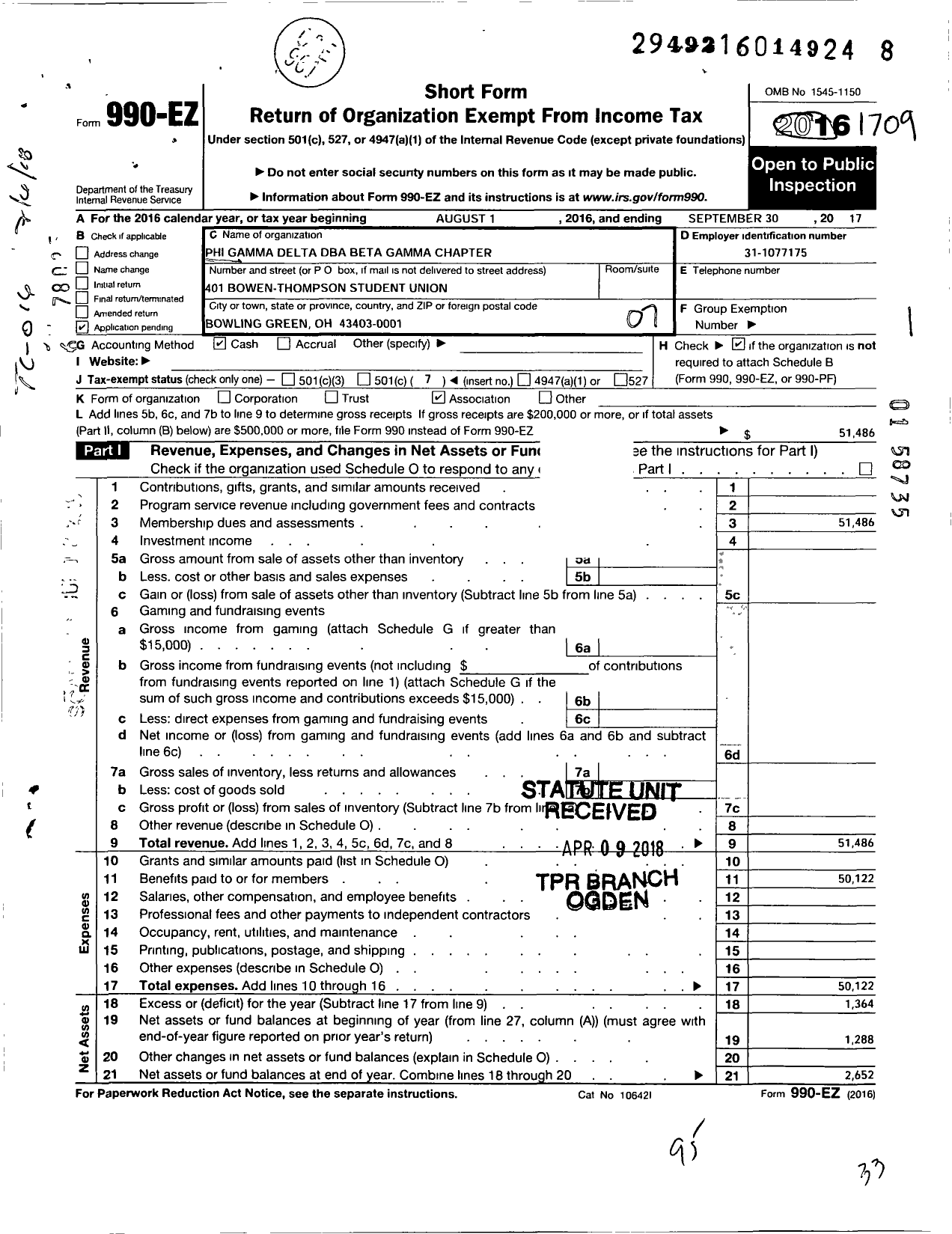 Image of first page of 2016 Form 990EO for Beta Gamma Chapter of Phi Gamma Delta