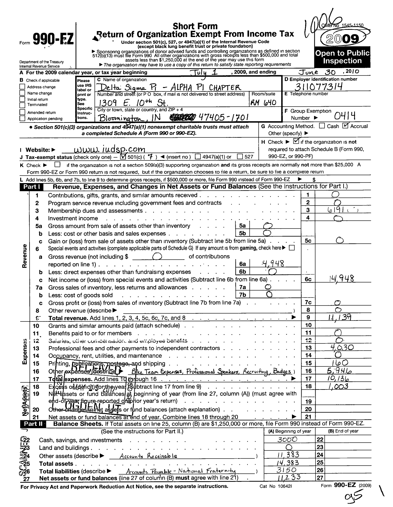 Image of first page of 2009 Form 990EO for International Fraternity of Delta Sigma Pi / Alpha Pi Chapter