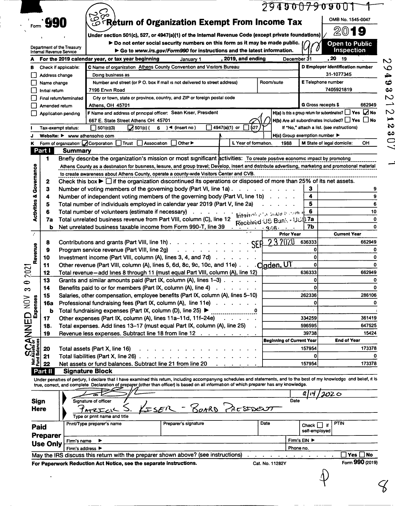 Image of first page of 2019 Form 990O for Athens County Convention and Visitors Bureau