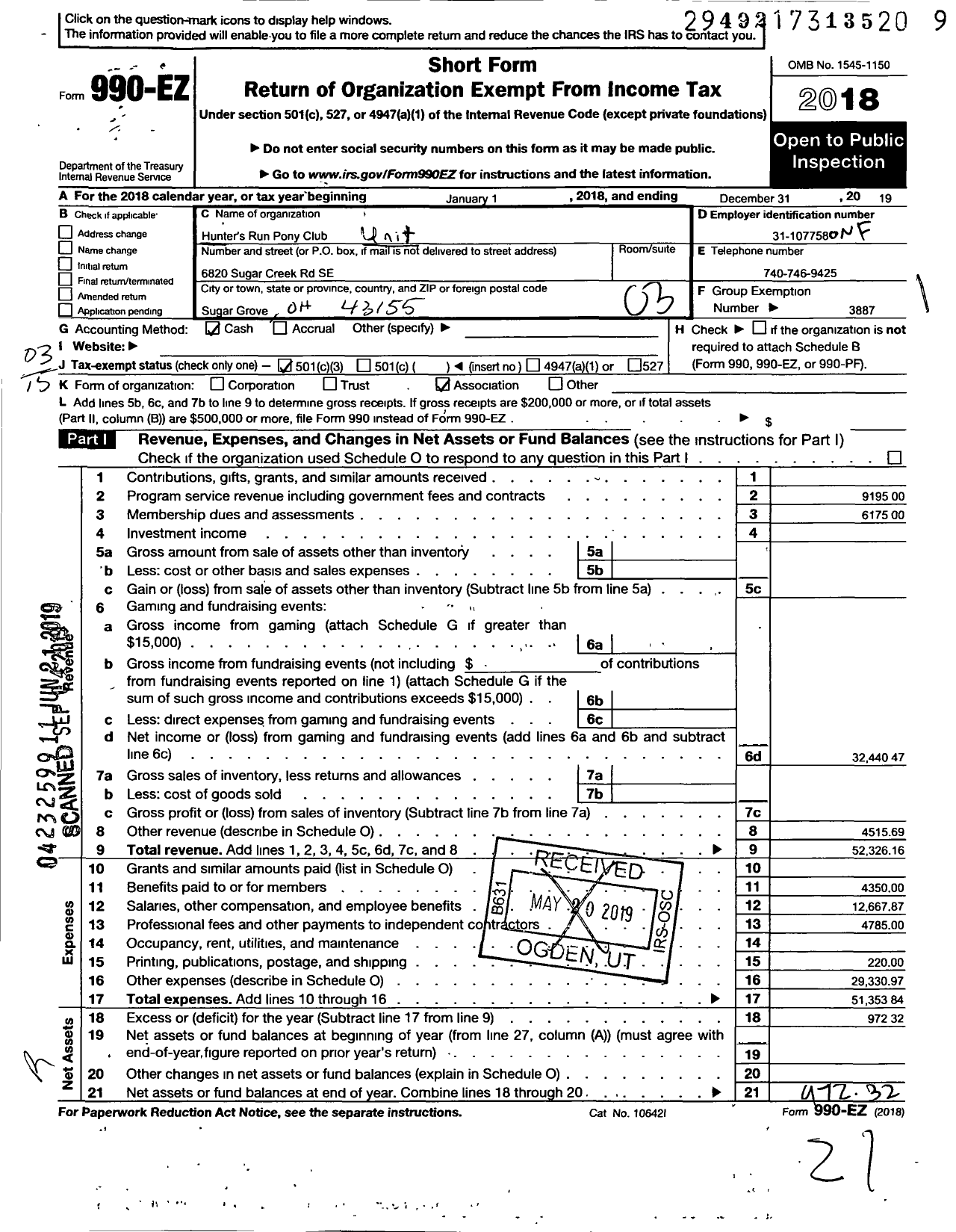 Image of first page of 2019 Form 990EZ for THE UNITED STATES PONY CLUBS INC Hunters Run PONY Club