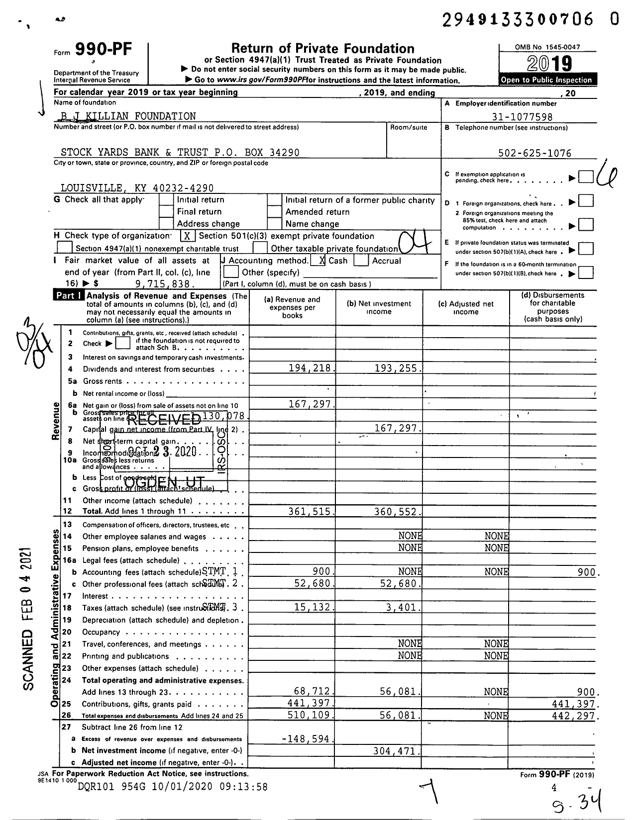 Image of first page of 2019 Form 990PF for B.J. Killian Foundation