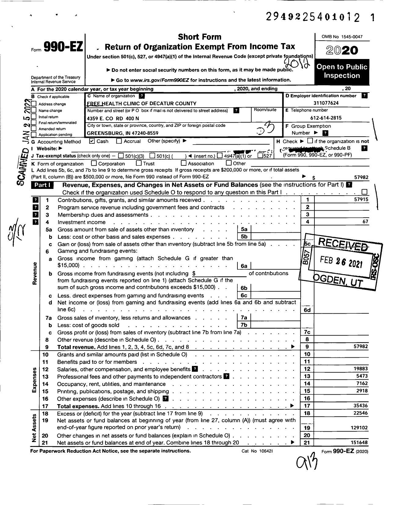 Image of first page of 2020 Form 990EZ for Community Healthcare of Decatur County