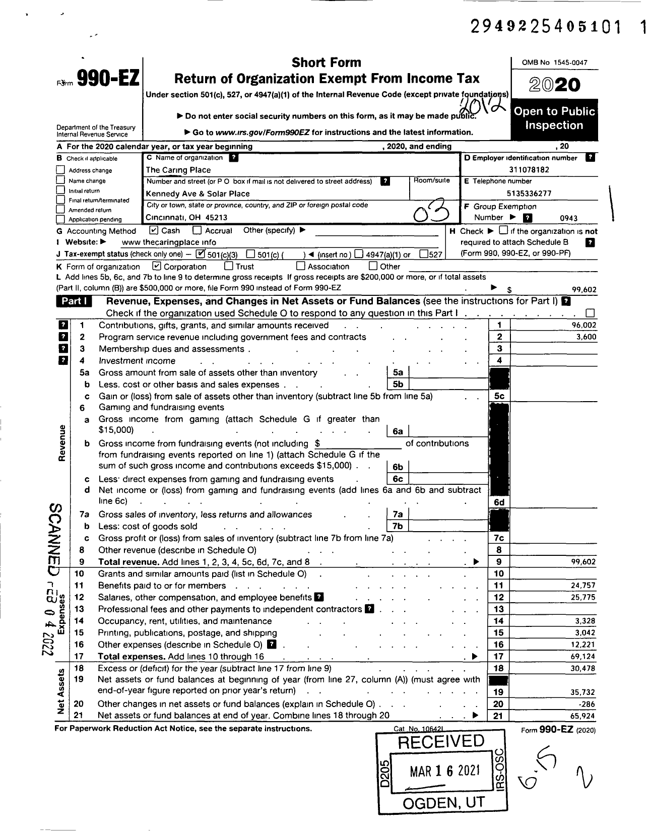 Image of first page of 2020 Form 990EZ for Caring Place of Cincinnati