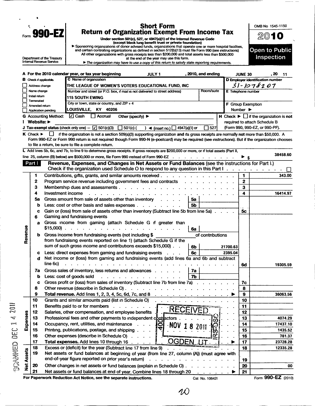 Image of first page of 2010 Form 990EZ for League of Women Voters of Louisville