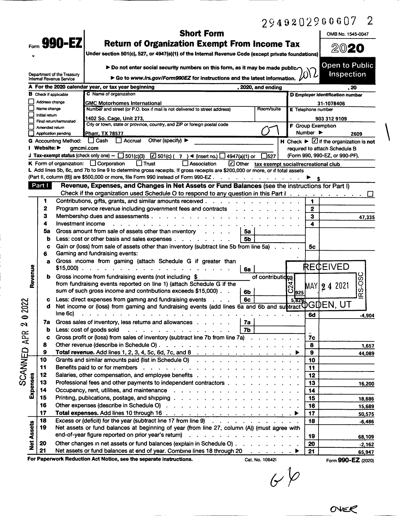 Image of first page of 2020 Form 990EO for GMC Motorhomes International