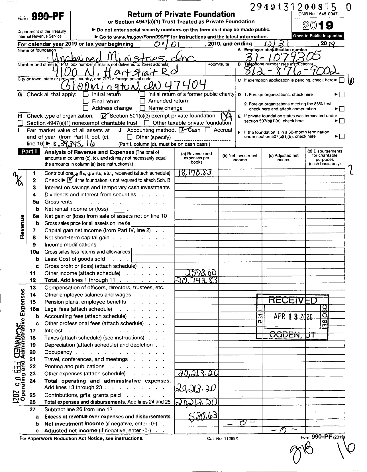 Image of first page of 2019 Form 990PF for Unchained Ministries