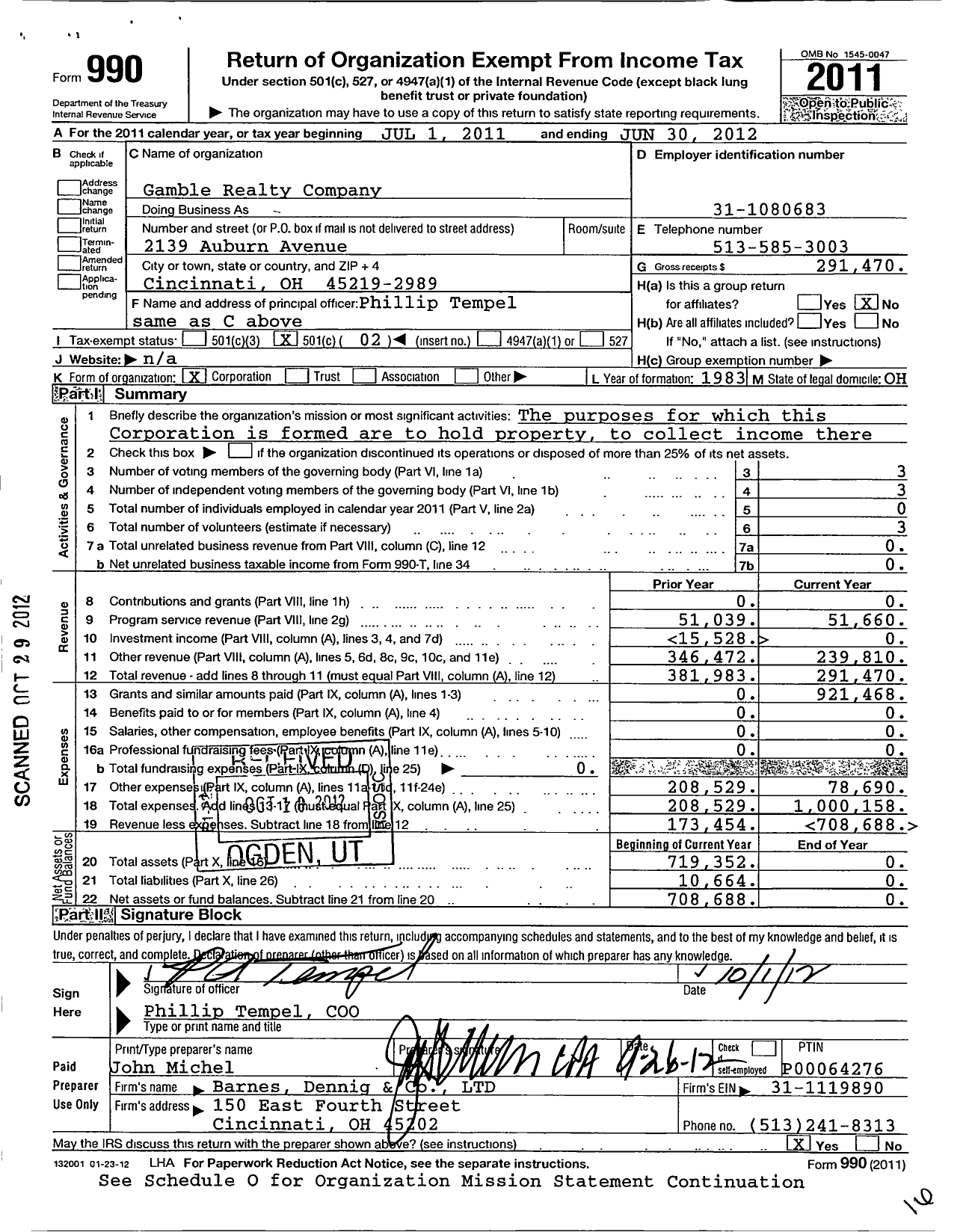 Image of first page of 2011 Form 990O for Gamble Realty Company