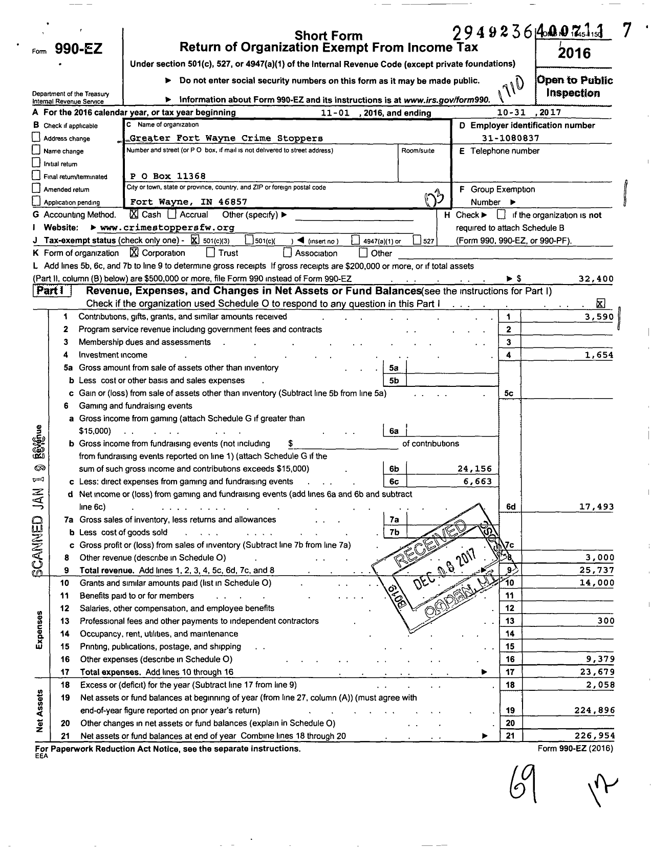 Image of first page of 2016 Form 990EZ for Greater Fort Wayne Crime Stoppers Program