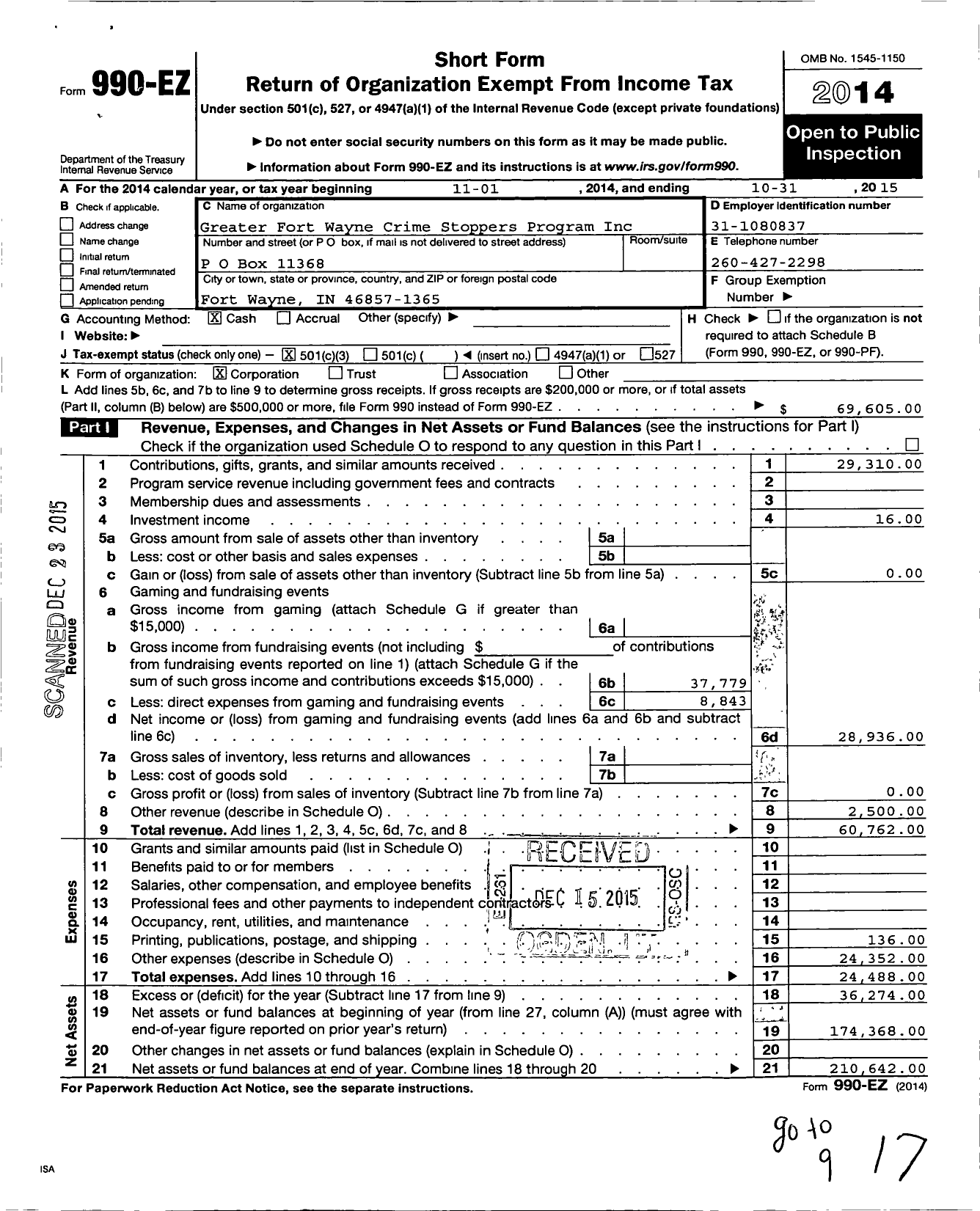 Image of first page of 2014 Form 990EZ for Greater Fort Wayne Crime Stoppers Program